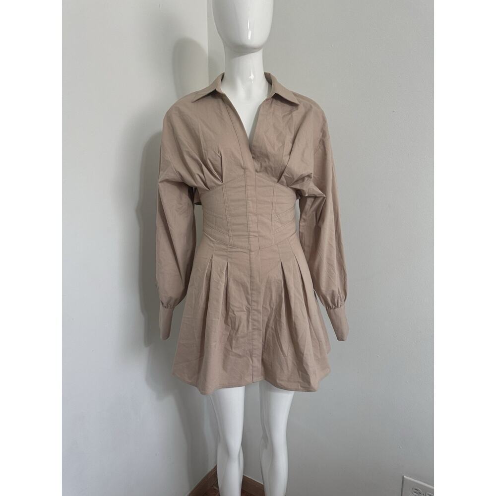 Bershka Tan Corset Mini Dress Women’s S Long Sleeve Open Back Lace-Up